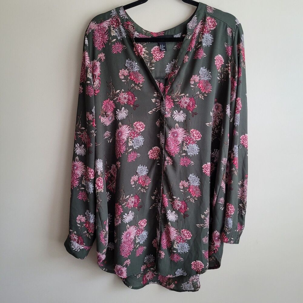 Forever 21 Womens Tunic Blouse Plus Size 1x Olive Green Pink Florals Roll Tab